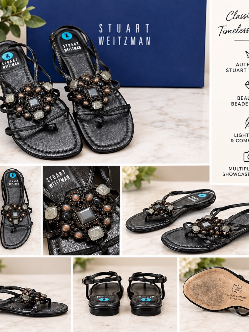 Stuart Weitzman Black Jeweled T-Strap Slide Sandals